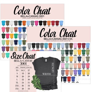 Paquete de tabla de colores a juego y tabla de tallas Bella Canvas 3001 / 3 archivos JPEG / Tablas de estilo terracota suave / Tablas unisex 3001 JPEG