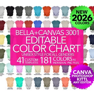 Editable Color Chart Bella Canvas 3001 181 PNG Transparent Files + 41 JPEG Templates Unisex Style Men Women T-shirt Mockup Custom Chart