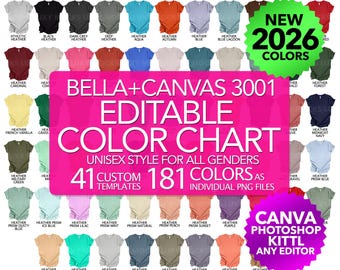 Editable Color Chart Bella Canvas 3001 181 PNG Transparent Files + 41 JPEG Templates Unisex Style Men Women T-shirt Mockup Custom Chart