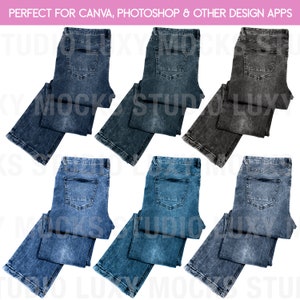 Op de afbeelding: Zes paar blauwe jeans in verschillende tinten blauw en grijs, gevouwen en neergelegd op een witte achtergrond. De jeans hebben een klassieke vijf-zak stijl met een achterzakklep.