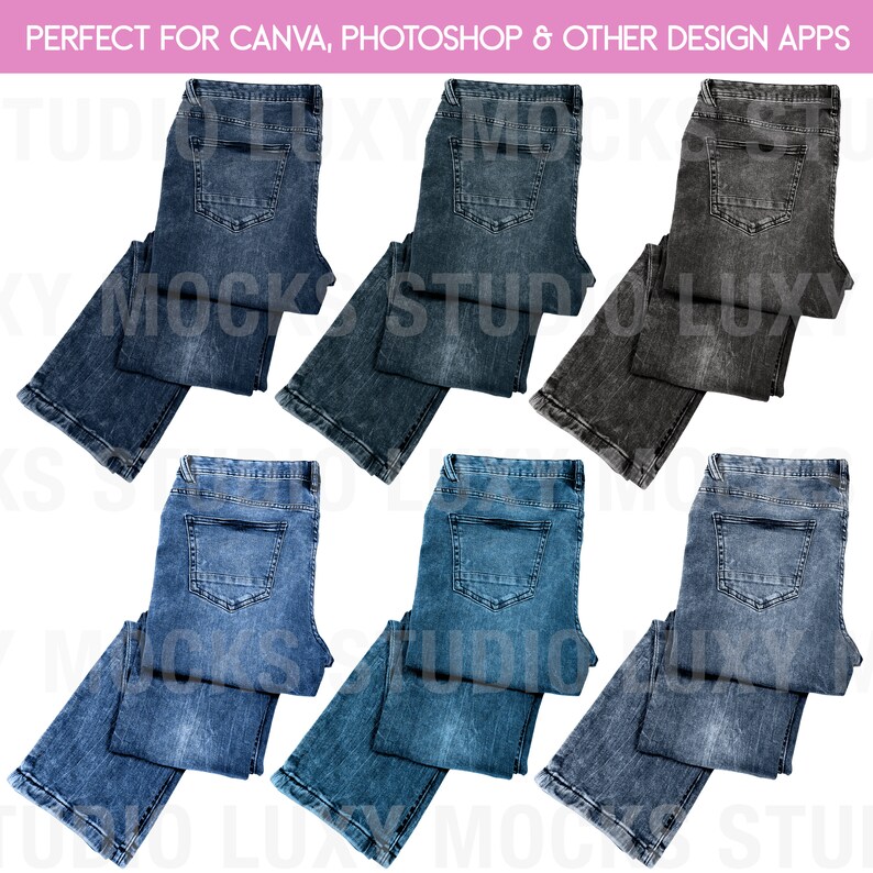 Op de afbeelding: Zes paar blauwe jeans in verschillende tinten blauw en grijs, gevouwen en neergelegd op een witte achtergrond. De jeans hebben een klassieke vijf-zak stijl met een achterzakklep.