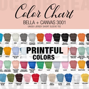 Tabla de colores Bella Canvas 3001 Colores de Printful para impresión bajo demanda Maqueta de camiseta Tabla de colores Printful Printify Etsy Shopify Tienda en línea