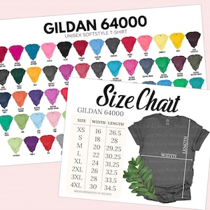 Carta de colores Gildan 64000 G640 + Carta de tallas / 2 archivos JPEG / Carta de colores de estilo femenino / Descarga digital instantánea