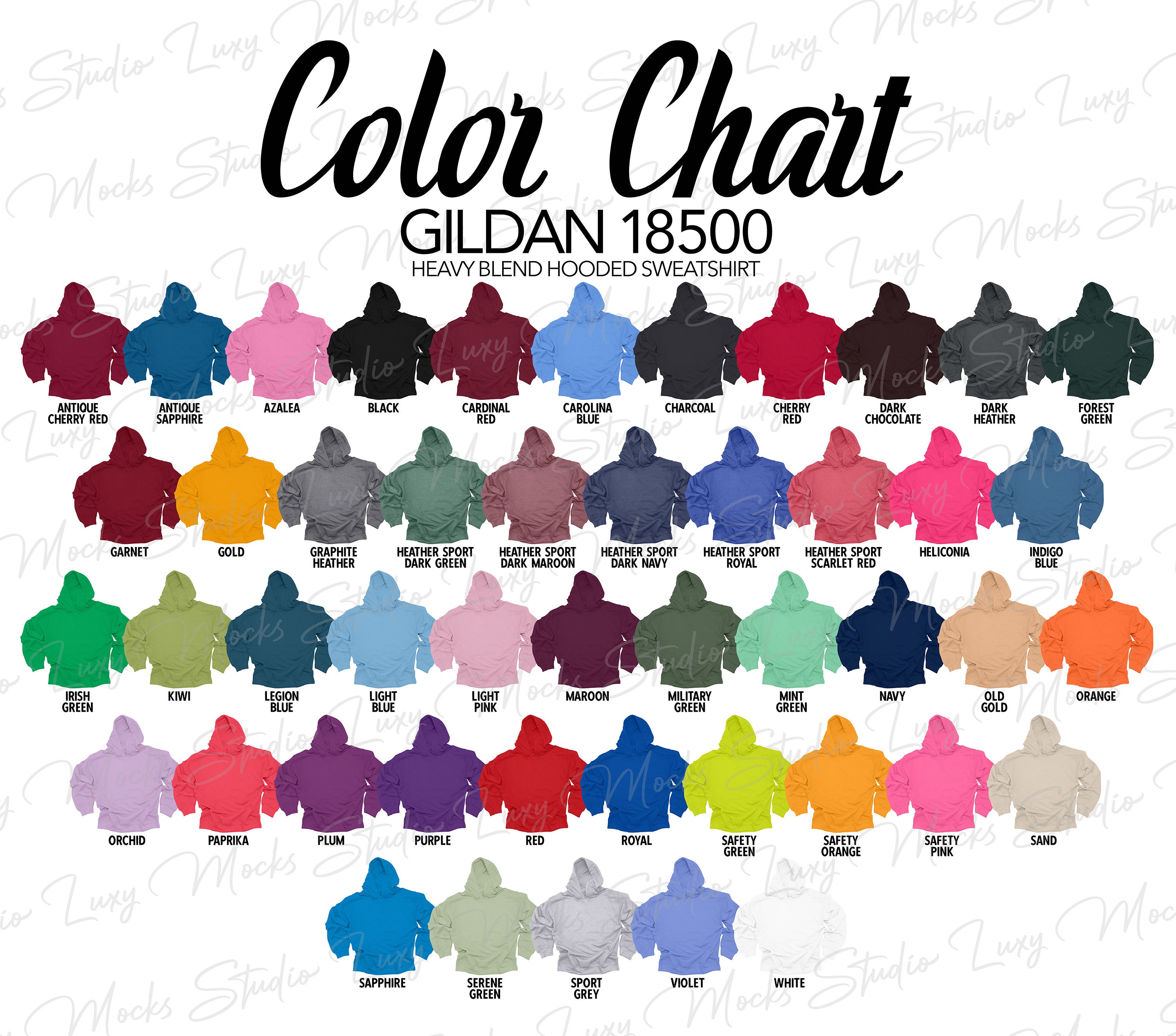 Gildan 18500 G185 Color Chart Size Chart Bundle Unisex Hoodie