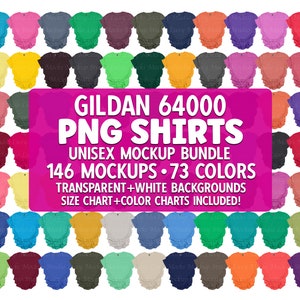 T-shirt Gildan 64000 Mockup Bundle PNG Fond transparent g640 | Fêtes Été Printemps Automne + Nuancier et tableau des tailles