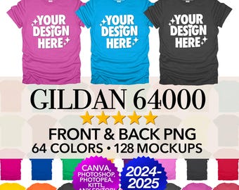May include: Mockup of a Gildan 64000 t-shirt in pink, blue, and gray with the text "Your Design Here" on the front. The image shows 64 colors and 128 mockups available for use in design programs like Canva, Photoshop, Photopea, and more.