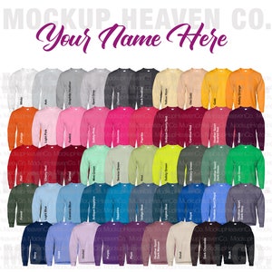 May include: A chart of 40 different coloured long-sleeved shirts. The shirts are arranged in rows and columns, with each colour labelled with its name. The text "Mockup Heaven Co." and "Your Name Here" is at the top of the chart.