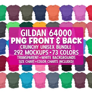 Ensemble de maquettes transparentes Gildan 64000 G640 recto-verso | Comprend un tableau des couleurs + un tableau des tailles | Vacances Printemps Été Automne | Numérique