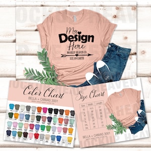 Puede incluir: Una camiseta de manga corta unisex Bella + Canvas 3001 de color melocotón con el texto "My Design Here" y "Mockup Heaven Co. Est. On Earth" impreso en la parte delantera. La camiseta se muestra sobre un fondo de madera blanca con un par de vaqueros azules y zapatillas blancas. También se muestra una tabla de colores y una tabla de tallas para la camiseta Bella + Canvas 3001.