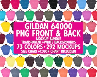 Gildan 64000 Softstyle T-Shirt Vorder- und Rückseite PNG Mockup Bundle Transparenter Hintergrund 73 Farben Frauen Knoten Enthält Farb- und Größentabelle