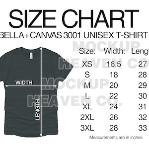 Bella + Canvas 3001 Größentabelle Mockup T-Shirt Mockup Bella Canvas Sizing Tshirt Größentabelle 3001 Sizing T-Shirt Mockup Unisex Größe Mockup