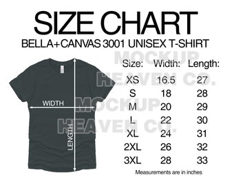 Bella + Canvas 3001 Größentabelle Mockup: Unisex T-Shirt (Digitaler Download)