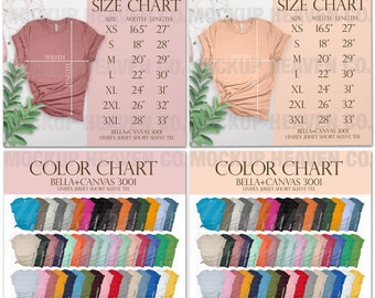 Bella Canvas 3001 Size Chart + Matching Color Chart Bundle Printful Color Chart + Heather Mauve T-shirt Mockup Chart for Print On Demand