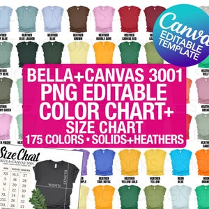 Tabla de colores totalmente editable Bella Canvas 3001 + tabla de tallas Plantilla Canva Colores sólidos + jaspeados Paquete de maquetas PNG transparentes