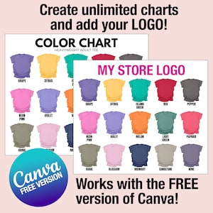 May include: A color chart of t-shirts in various colors, including grape, citrus, island green, red, pepper, neon pink, violet, melon, light green, paprika, khaki, blossom, midnight, sandstone, and wine. The chart is labeled "Color Chart" and "Heavyweight Adult Tee". The text "My Store Logo" is also visible in the image.