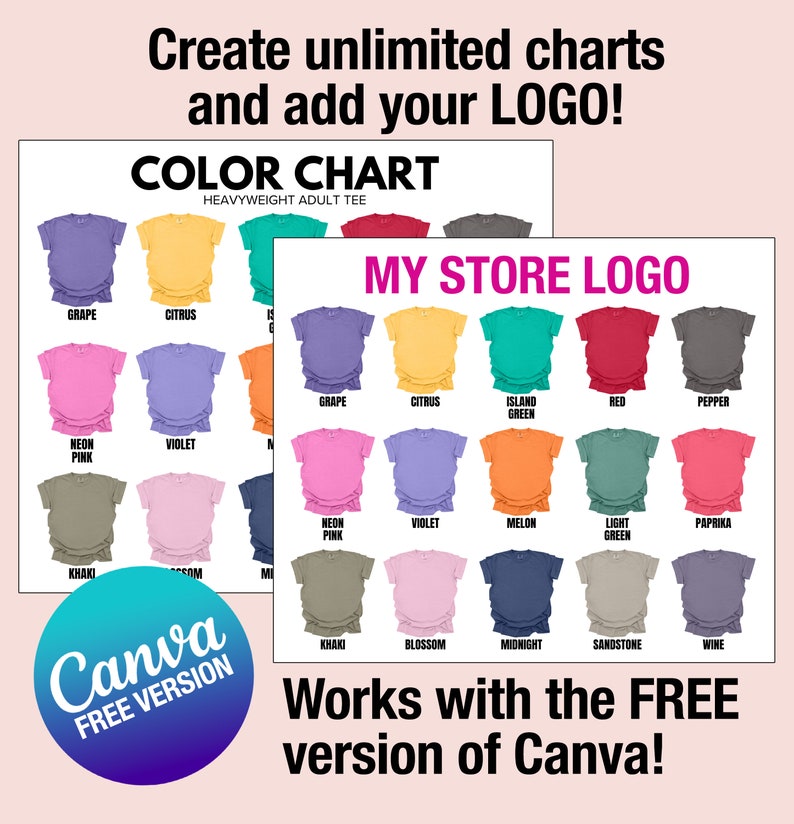 May include: A color chart of t-shirts in various colors, including grape, citrus, island green, red, pepper, neon pink, violet, melon, light green, paprika, khaki, blossom, midnight, sandstone, and wine. The chart is labeled "Color Chart" and "Heavyweight Adult Tee". The text "My Store Logo" is also visible in the image.