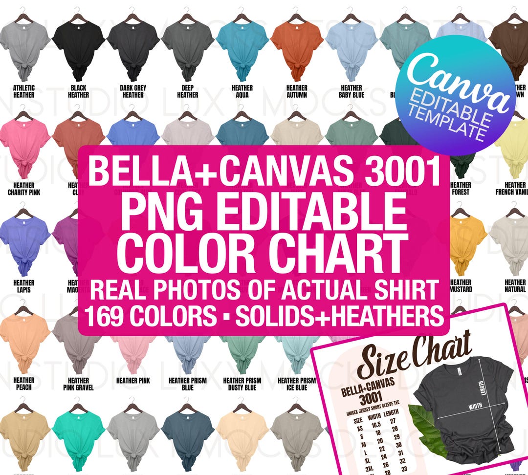 Color/size Layout Bella Canvas 3001 Color Chart & Size Chart Canva Template (PNG) - Etsy
