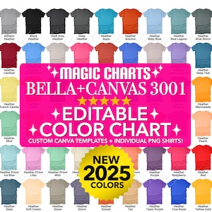 Tabla de colores editable Magic Charts Bella Canvas 3001 de Canva, tabla de tallas y maquetas de alta resolución, sin etiquetas, para hombres y mujeres, unisex