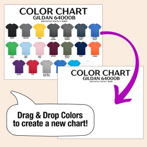 May include: Colour chart for Gildan 64000B Softstyle Youth T-shirts. The chart shows 18 different colours of t-shirts, including black, charcoal, daisy, dark heather, graphite heather, heather navy, heather royal, Irish green, light blue, light pink, maroon, military green, navy, orange, purple, red, ring spun sport grey, and white. Drag and drop colours to create a new chart.
