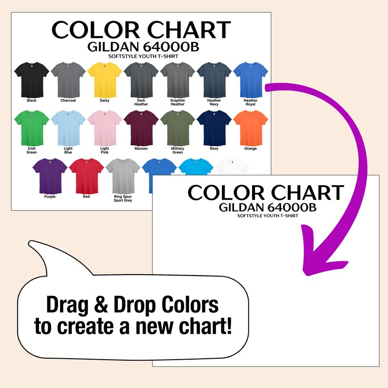 May include: Colour chart for Gildan 64000B Softstyle Youth T-shirts. The chart shows 18 different colours of t-shirts, including black, charcoal, daisy, dark heather, graphite heather, heather navy, heather royal, Irish green, light blue, light pink, maroon, military green, navy, orange, purple, red, ring spun sport grey, and white. Drag and drop colours to create a new chart.