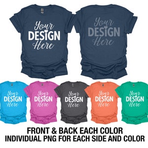 May include: Mockup of a t-shirt design with the text "Your Design Here" in white on a variety of colored t-shirts. The t-shirts are shown in a front and back view.