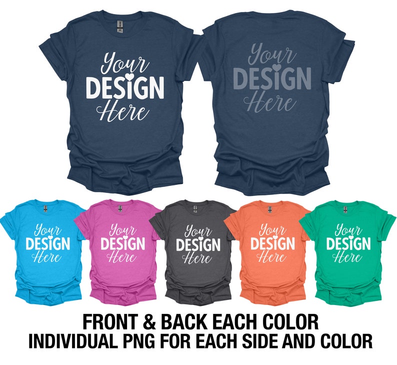 May include: Mockup of a t-shirt design with the text "Your Design Here" in white on a variety of colored t-shirts. The t-shirts are shown in a front and back view.