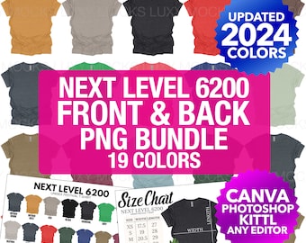 Next Level 6200 Front And Back PNG Transparent Mockup Bundle | Individual PNG Files for Each Side And Color | Color Chart Size Chart