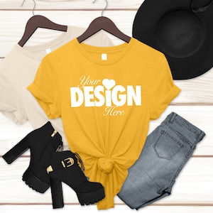 Heather Yellow Gold Bella Canvas 3001 Women&#39;s T-shirt Flat Lay Mockup (Digital Download)