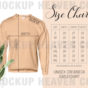 Op de afbeelding: Maattabel voor een unisex crewneck sweatshirt. De tabel toont de afmetingen in inches voor breedte, lengte en mouwlengte voor maten S tot en met 4XL.