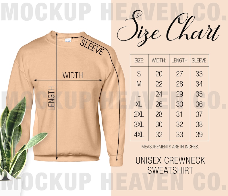 Op de afbeelding: Maattabel voor een unisex crewneck sweatshirt. De tabel toont de afmetingen in inches voor breedte, lengte en mouwlengte voor maten S tot en met 4XL.