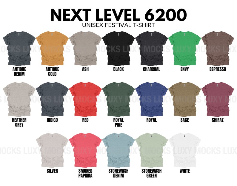 K&ouml;nnte beinhalten: Eine Tabelle mit 20 verschiedenen Farben von Unisex-T-Shirts. Die T-Shirts sind alle im gleichen Stil, mit einem Rundhalsausschnitt und kurzen &Auml;rmeln. Die Farben sind in drei Reihen mit jeweils sieben Farben angeordnet, wobei die Namen der Farben unter jedem T-Shirt aufgef&uuml;hrt sind. Die Farben umfassen Antique Denim, Antique Gold, Ash, Black, Charcoal, Envy, Espresso, Heather Grey, Indigo, Red, Royal Pine, Royal, Sage, Shiraz, Silver, Smoked Paprika, Stonewash Denim, Stonewash Green und White.
