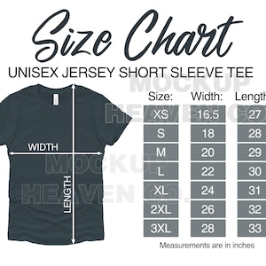 Op de afbeelding: Maattabel voor een unisex jersey t-shirt met korte mouwen. De tabel toont de breedte en lengte in inches voor de maten XS, S, M, L, XL, 2XL en 3XL.