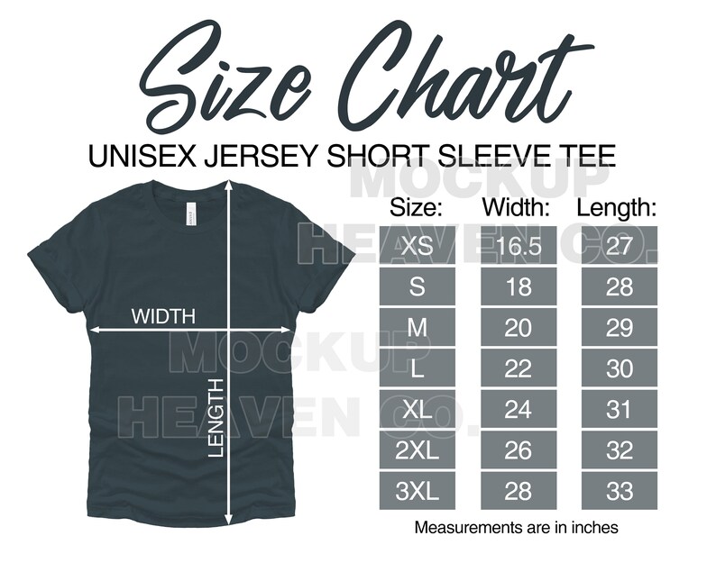 Op de afbeelding: Maattabel voor een unisex jersey t-shirt met korte mouwen. De tabel toont de breedte en lengte in inches voor de maten XS, S, M, L, XL, 2XL en 3XL.
