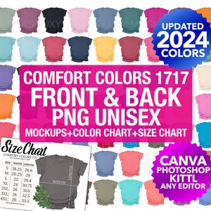 Paquete de maquetas frontales y traseras Comfort Colors 1717 PNG transparente C1717 unisex para primavera, verano, otoño e invierno, vacaciones/tabla de colores Tabla de tallas
