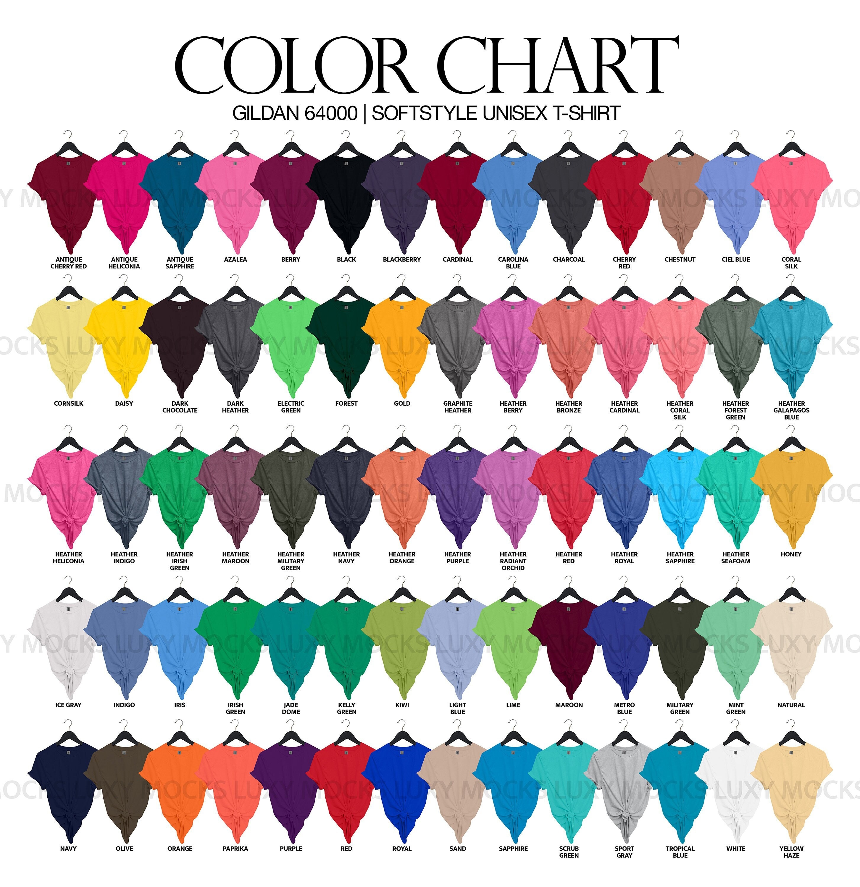 Color Chart Gildan 64000 Feat. Women s Hanger Style T shirt Mockups as Colors 70 Colors G640 Color Chart JPEG Format High Resolution