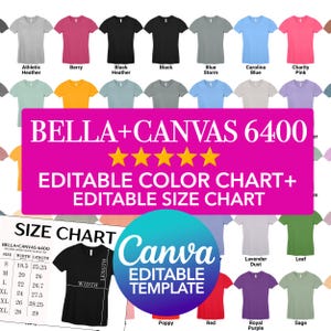 Bella Canvas 6400 Canva Template Editable Color Chart + Editable Size Chart Women&#39;s PNG Canva Mockup Bundle Drag And Drop