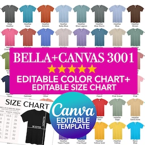 Plantilla Canva Bella Canvas 3001 Tabla de colores editable + Tabla de tallas editable Paquete de maquetas PNG Canva unisex para hombres y mujeres Arrastrar y soltar