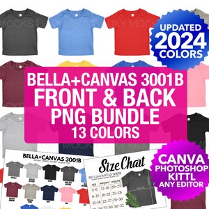 Bella Canvas 3001B Paquete de maqueta transparente PNG frontal y posterior / 3001 Paquete de maqueta de camiseta para bebé + Carta de colores + Tabla de tallas