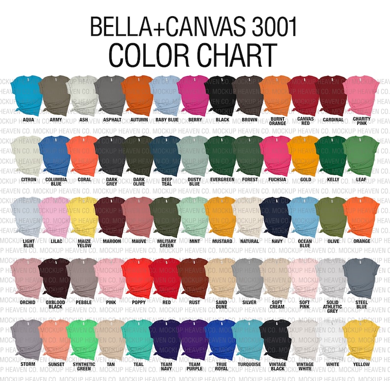 Pu&ograve; includere: Tabella colori per le t-shirt Bella + Canvas 3001, che mostra una variet&agrave; di colori, tra cui acquamarina, militare, cenere, asfalto, autunno, azzurro, bacca, nero, marrone, arancione bruciato, rosso tela, cardinale, rosa carit&agrave;, citron, blu columbia, corallo, grigio scuro, oliva scuro, blu scuro, blu polvere, verde sempreverde, bosco, fucsia, oro, kelly, foglia, azzurro, lilla, mais, marrone, malva, verde militare, menta, senape, naturale, blu navy, blu oceano, oliva, arancione, orchidea, sangue di bue, ciottolo, rosa, papavero, rosso, ruggine, duna di sabbia, argento, crema morbida, rosa tenue, grigio atletico solido, blu acciaio, tempesta, tramonto, verde sintetico, marrone chiaro, verde acqua, blu navy di squadra, viola di squadra, blu reale vero, turchese, nero vintage, bianco vintage, bianco e giallo.