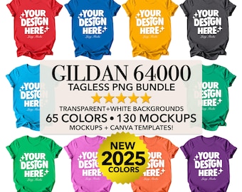 May include: A collection of Gildan 64000 t-shirts in various colors, including red, blue, yellow, and gray, with the text "YOUR DESIGN HERE" printed on the front. The image also displays a banner with the text "GILDAN 64000 TAGLESS PNG BUNDLE".