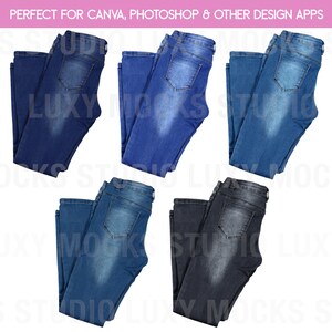 Op de afbeelding: Zes paar jeans gevouwen in de helft, met de achterzakken naar de kijker gericht. De jeans zijn in drie verschillende tinten blauw en &eacute;&eacute;n zwart.
