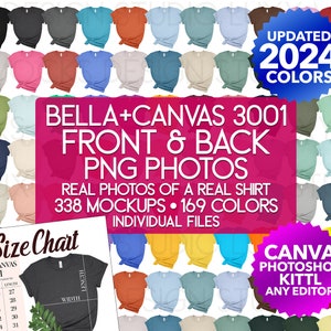 Paquete de maquetas de fotos Bella Canvas 3001 PNG transparentes, parte delantera y trasera, colores sólidos y jaspeados, para mujer, plano plano, foto real, archivos individuales, 2024