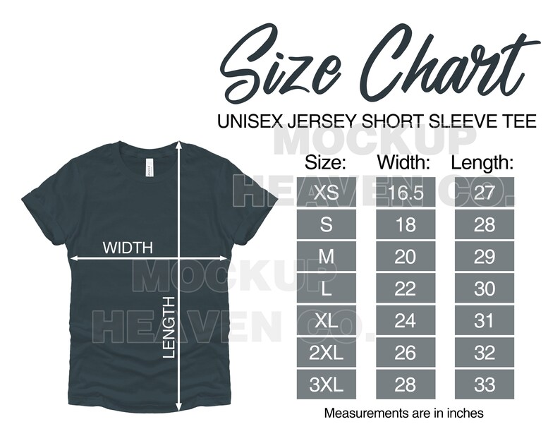 Op de afbeelding: Maattabel voor een unisex jersey t-shirt met korte mouwen. De tabel toont de breedte- en lengtemaat in inches voor maten XS tot 3XL.