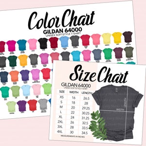 May include: Color chart and size chart for Gildan 64000 unisex softstyle t-shirts. The color chart shows 36 different colors of t-shirts. The size chart shows the width and length measurements in inches for sizes XS to 4XL.