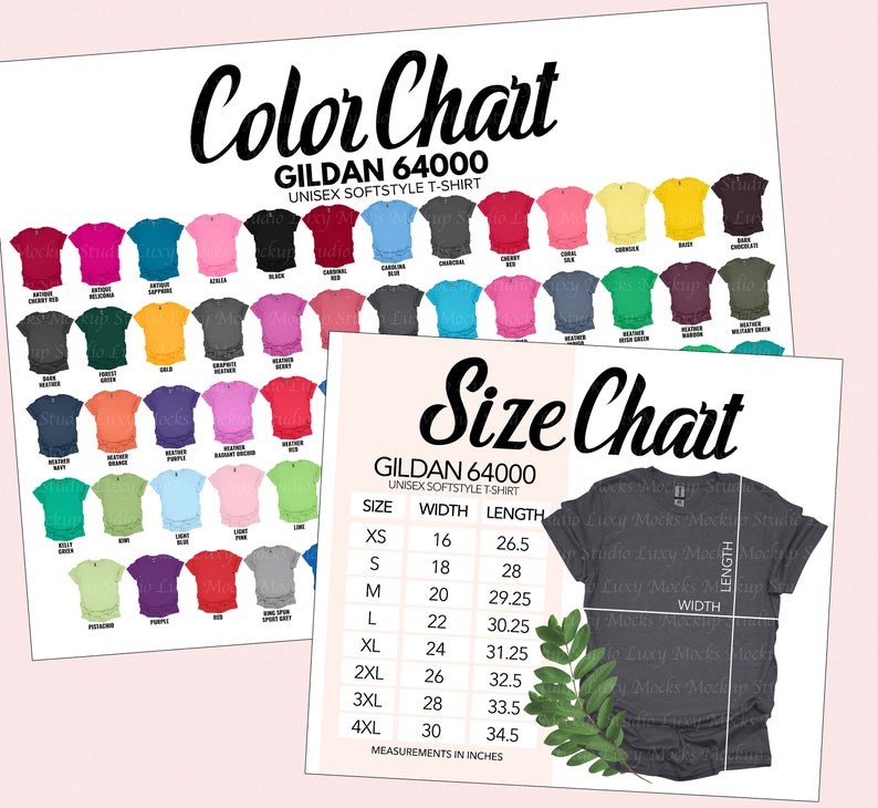 May include: Color chart and size chart for Gildan 64000 unisex softstyle t-shirts. The color chart shows 36 different colors of t-shirts. The size chart shows the width and length measurements in inches for sizes XS to 4XL.