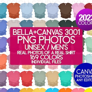 Maqueta unisex/para hombre Bella Canvas 3001 PNG Fondo transparente Plano plano Nuevos colores Fotos reales para impresión bajo demanda Canva Adobe +