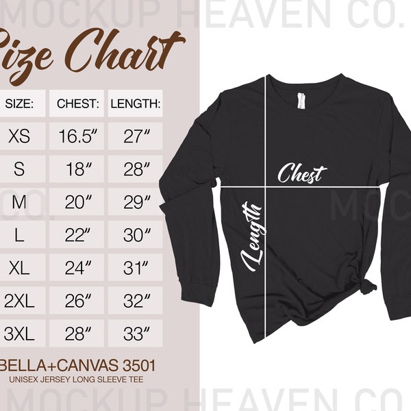 Bella Canvas 3501 Size Chart Unisex Jersey Long Sleeve Tee With A Dark Grey Women's Style Mockup Photo On Chart Instant Download