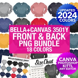 Maqueta transparente PNG de Bella Canvas 3501Y delantera y trasera / Tabla de colores Tabla de tallas / 3501 Youth / Camiseta de manga larga Bella Canvas Youth