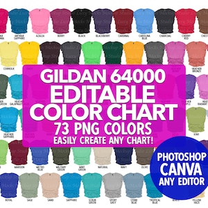 Nuancier modifiable DIY Gildan 64000 G640 Softstyle T-shirt 73 PNG Transparent Swatches | Pose plate unisexe | Comprend des modèles + un tableau des tailles