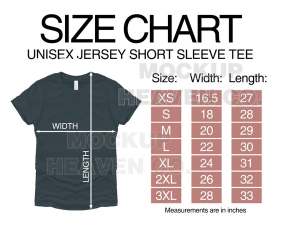 Bella + Canvas 3001 Size Chart Mockup: Unisex T-shirt Sizing
